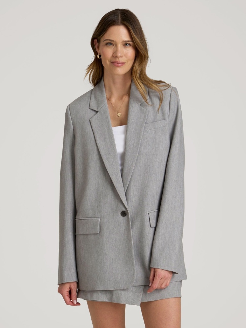 American Tall Boyfriend Fit Single-Button Blazer for Tall Women in Ash Grey Mix